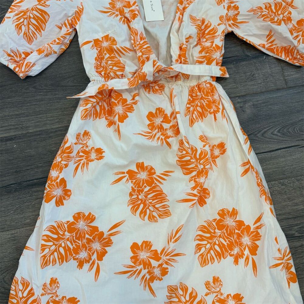 Women's Floral Orange Knee Length Dress Size XS V-Neck 3/4 Sleeve Casual‎